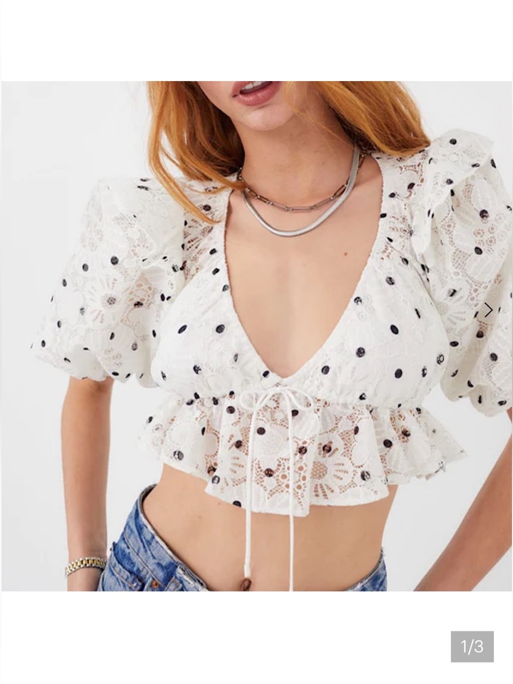 For Love & Lemons White Eyelet Lace Blouse with Black Dot Embroidery